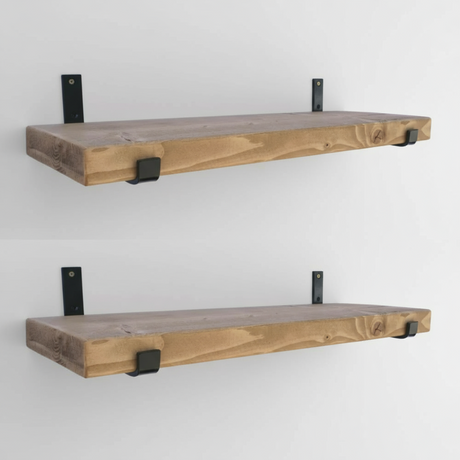 Two brown rustic wooden shelves with black brackets, each with a length of 60cm, designed to be mounted on a wall.