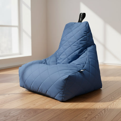 Blue bean bag chair with quilted design on a white background